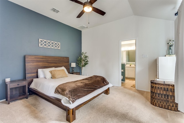 2012 Falls Creek Dr, Little Elm, TX 75068 - carpeted bedroom with connected bathroom, baseboards, vaulted ceiling, and a ceiling fan