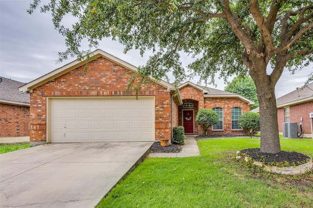 2012 Falls Creek Dr, Little Elm, TX 75068 - view of front of home featuring brick siding, central AC, driveway, an attached garage, and a front yard
