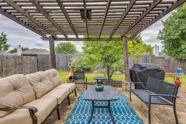 2012 Falls Creek Dr, Little Elm, TX 75068 - fenced backyard with an outdoor living space, a pergola, grilling area, and a patio area