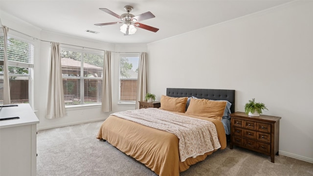 1607 Woodstream Ln, Allen, TX 75002 - bedroom with light colored carpet, crown molding, baseboards, and ceiling fan