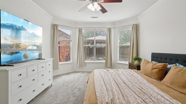 1607 Woodstream Ln, Allen, TX 75002 - bedroom with light colored carpet, ornamental molding, and a ceiling fan