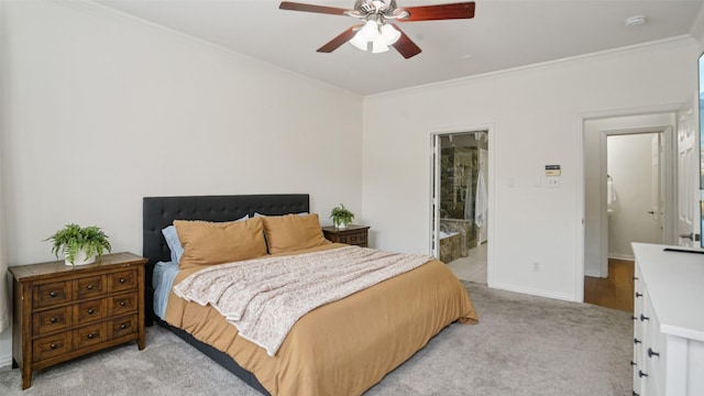 1607 Woodstream Ln, Allen, TX 75002 - bedroom featuring crown molding, light carpet, baseboards, ensuite bathroom, and ceiling fan