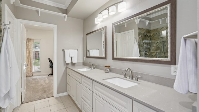 1607 Woodstream Ln, Allen, TX 75002 - full bathroom with double vanity, a stall shower, tile patterned floors, crown molding, and baseboards