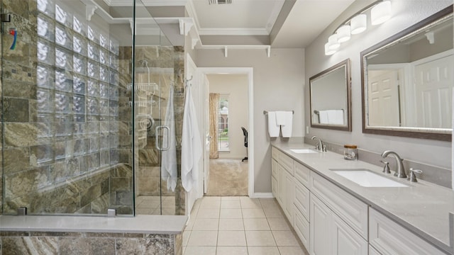 1607 Woodstream Ln, Allen, TX 75002 - full bathroom with tile patterned floors, double vanity, a shower stall, and crown molding