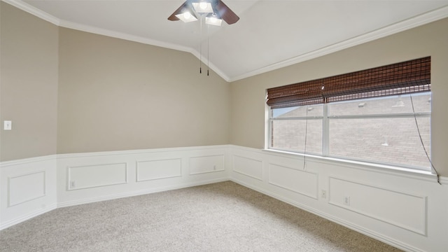 1607 Woodstream Ln, Allen, TX 75002 - unfurnished room featuring crown molding, a ceiling fan, lofted ceiling, carpet flooring, and wainscoting
