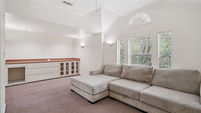 1607 Woodstream Ln, Allen, TX 75002 - carpeted living room with ornamental molding, a ceiling fan, and vaulted ceiling