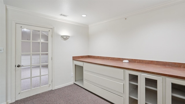1607 Woodstream Ln, Allen, TX 75002 - unfurnished office with crown molding, built in desk, carpet, and recessed lighting