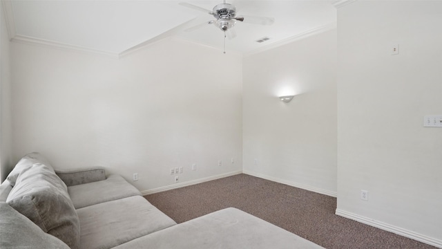 1607 Woodstream Ln, Allen, TX 75002 - unfurnished living room featuring carpet floors, a ceiling fan, ornamental molding, and baseboards