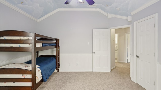 1607 Woodstream Ln, Allen, TX 75002 - bedroom with wainscoting, vaulted ceiling, carpet flooring, and a ceiling fan