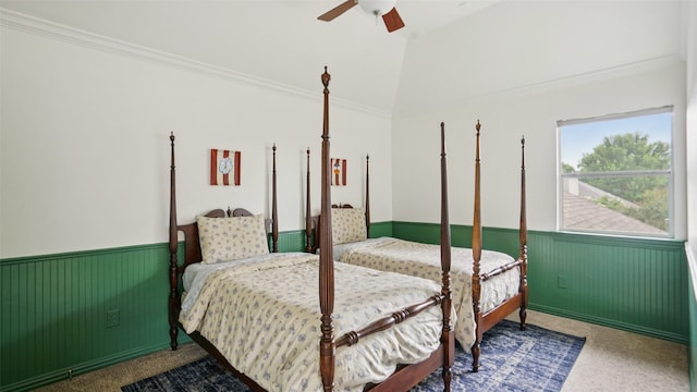 1607 Woodstream Ln, Allen, TX 75002 - bedroom with wainscoting, a ceiling fan, ornamental molding, vaulted ceiling, and wood walls
