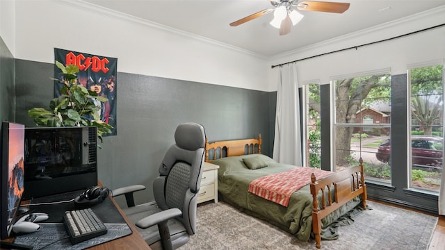 1607 Woodstream Ln, Allen, TX 75002 - bedroom with ornamental molding, multiple windows, wood finished floors, an office area, and a ceiling fan