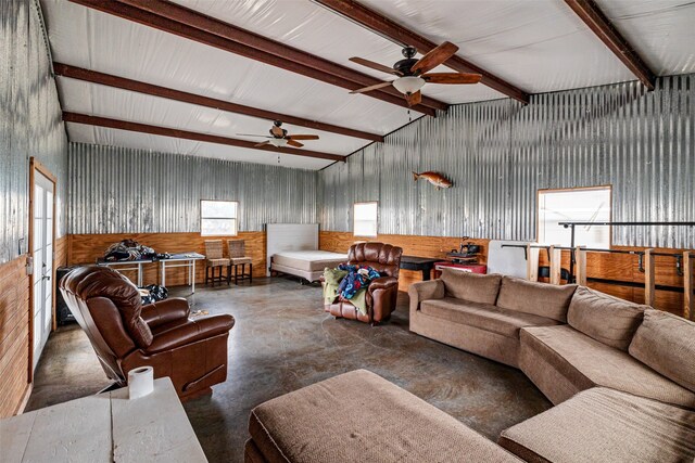 2355 Grindstone Rd, Millsap, TX 76066 - living room featuring concrete floors, vaulted ceiling, and ceiling fan