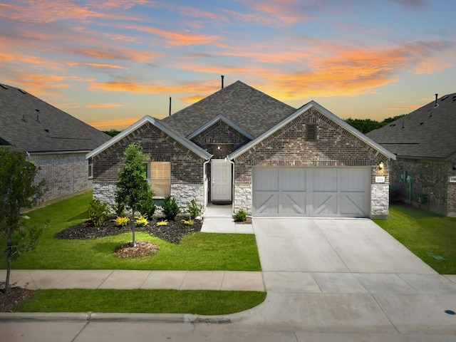 2624 Rambling Rd, Celina, TX 75009 - french country style house with an attached garage, a front yard, driveway, and a shingled roof