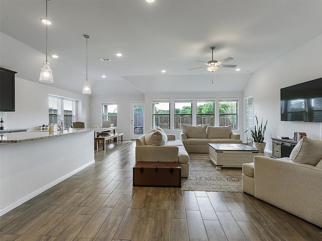 2624 Rambling Rd, Celina, TX 75009 - living room with dark wood-style floors, ceiling fan, vaulted ceiling, and recessed lighting