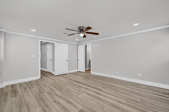 1229 Kiowa Dr E, Lake Kiowa, TX 76240 - unfurnished bedroom with baseboards, crown molding, recessed lighting, light wood-type flooring, and a ceiling fan