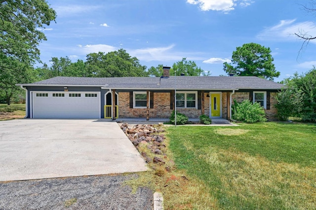 1229 Kiowa Dr E, Lake Kiowa, TX 76240 - ranch-style house featuring an attached garage, driveway, a chimney, a front lawn, and brick siding