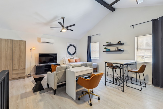2435 W 10th St, Dallas, TX 75211 - living area featuring a wall mounted AC, light wood-style flooring, ceiling fan, beamed ceiling, and baseboards
