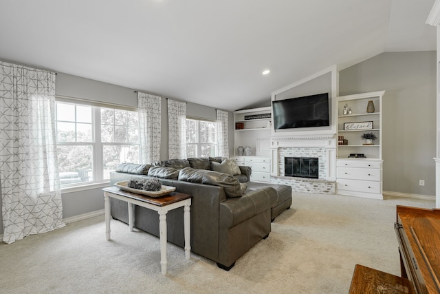 806 Twin View St, Heath, TX 75032 - carpeted living room featuring lofted ceiling, a brick fireplace, baseboards, and recessed lighting