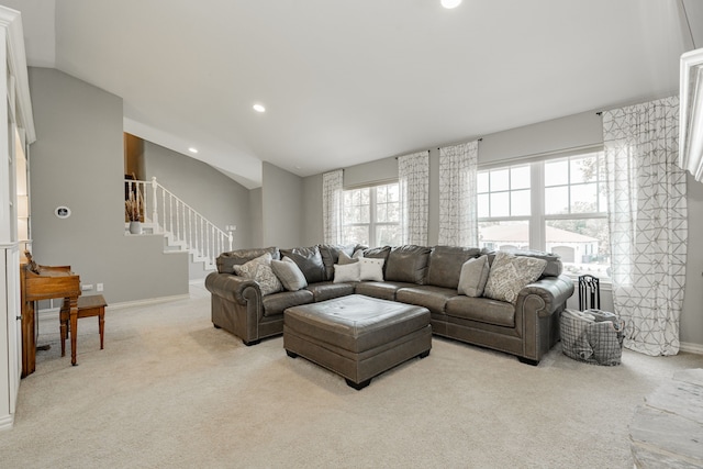 806 Twin View St, Heath, TX 75032 - living area featuring vaulted ceiling, light colored carpet, baseboards, stairs, and recessed lighting