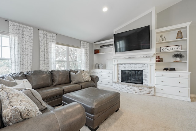 806 Twin View St, Heath, TX 75032 - living area with healthy amount of natural light, lofted ceiling, a brick fireplace, carpet, and built in features