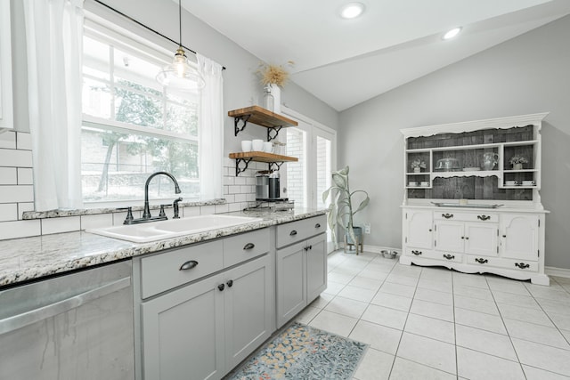 806 Twin View St, Heath, TX 75032 - kitchen with open shelves, a sink, lofted ceiling, baseboards, and backsplash