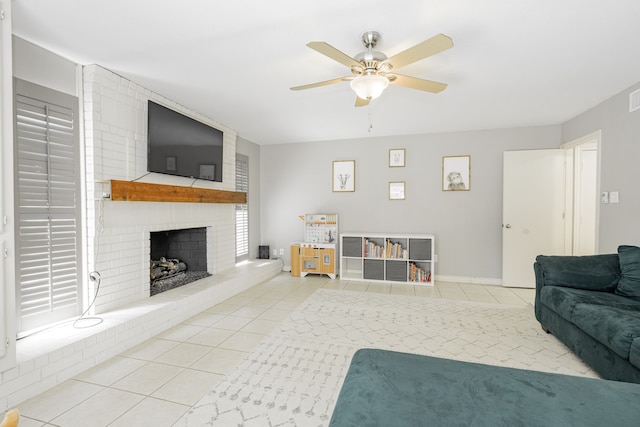 806 Twin View St, Heath, TX 75032 - tiled living area with ceiling fan and a fireplace