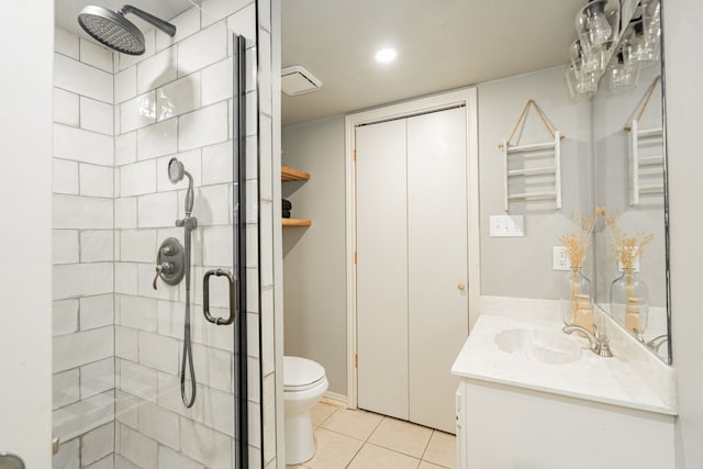 806 Twin View St, Heath, TX 75032 - bathroom featuring a shower stall, toilet, tile patterned floors, and vanity