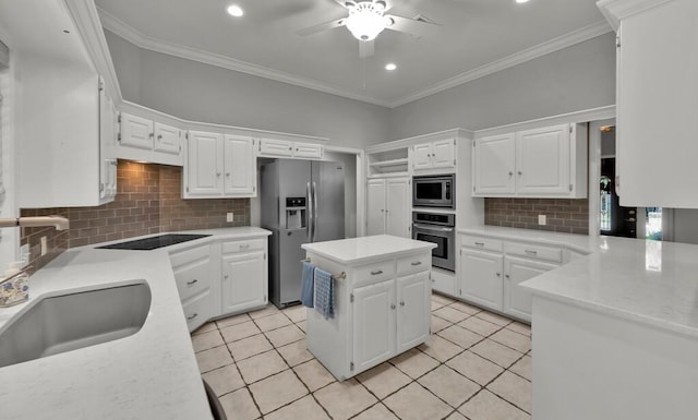 3009 Chimney Hill Dr, Waco, TX 76708 - kitchen featuring stainless steel appliances, ceiling fan, light tile patterned flooring, tasteful backsplash, and white cabinets