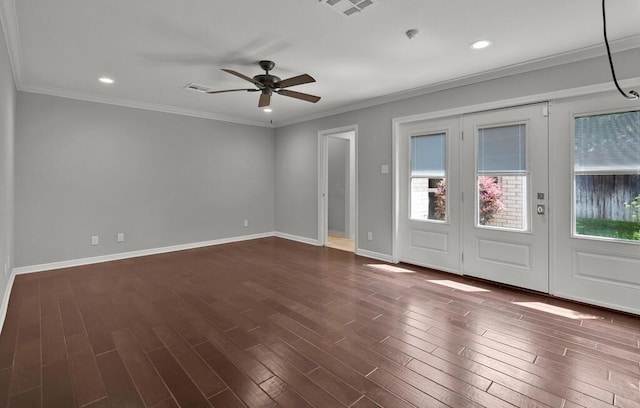 3009 Chimney Hill Dr, Waco, TX 76708 - spare room featuring a ceiling fan, dark wood-type flooring, baseboards, crown molding, and recessed lighting