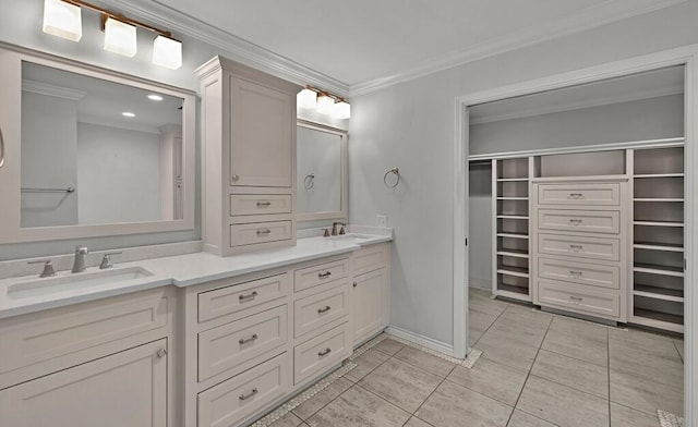 3009 Chimney Hill Dr, Waco, TX 76708 - full bath featuring double vanity, tile patterned flooring, a spacious closet, crown molding, and baseboards