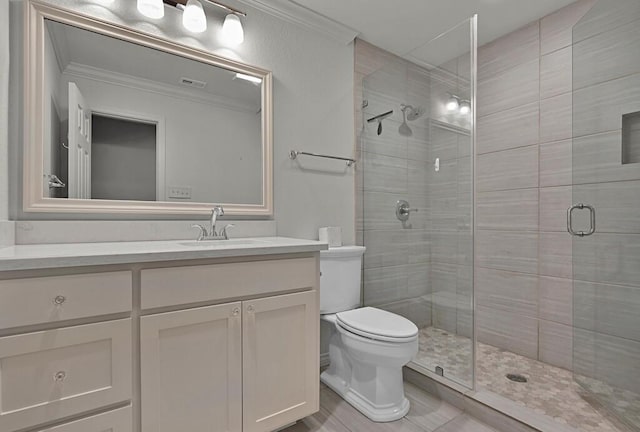 3009 Chimney Hill Dr, Waco, TX 76708 - bathroom with crown molding, toilet, a stall shower, and vanity