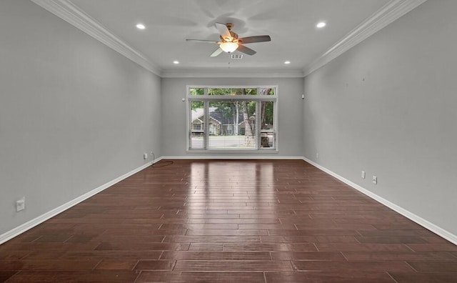 3009 Chimney Hill Dr, Waco, TX 76708 - empty room with dark wood-type flooring, ceiling fan, ornamental molding, recessed lighting, and baseboards