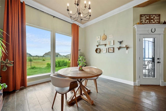 134 Southern Ct, Springtown, TX 76082 - dining space featuring crown molding, a chandelier, healthy amount of natural light, and baseboards