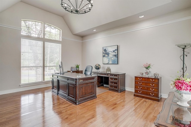8921 Crest Ridge Dr, Fort Worth, TX 76179 - office with lofted ceiling, a chandelier, light wood-type flooring, recessed lighting, and baseboards