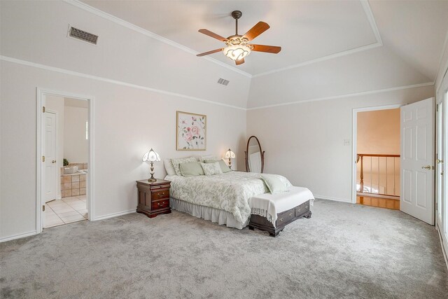 8921 Crest Ridge Dr, Fort Worth, TX 76179 - bedroom featuring carpet, vaulted ceiling, ornamental molding, baseboards, and ensuite bathroom