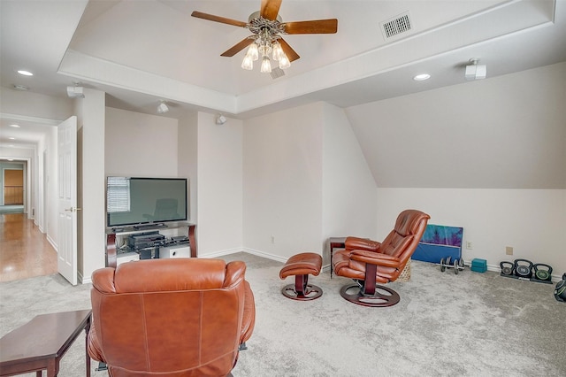 8921 Crest Ridge Dr, Fort Worth, TX 76179 - sitting room with carpet flooring, baseboards, recessed lighting, ceiling fan, and a tray ceiling