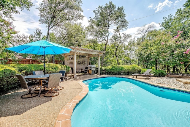8921 Crest Ridge Dr, Fort Worth, TX 76179 - swimming pool featuring a pergola, a patio area, and view of scattered trees