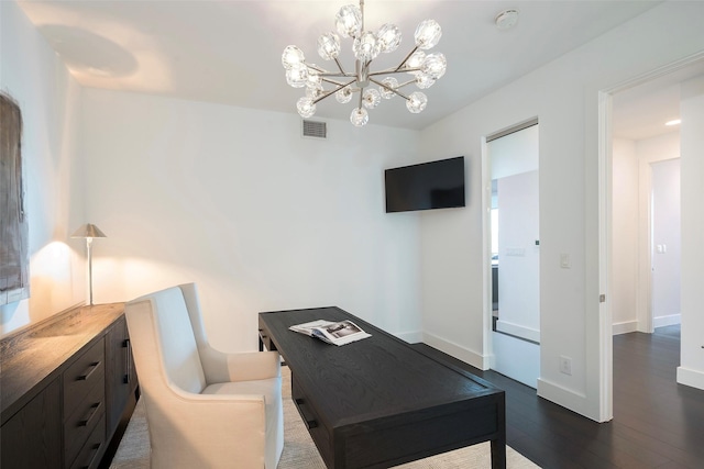 3130 N Harwood St Unit 1804, Dallas, TX 75201 - office space with a chandelier, dark wood-style flooring, and baseboards