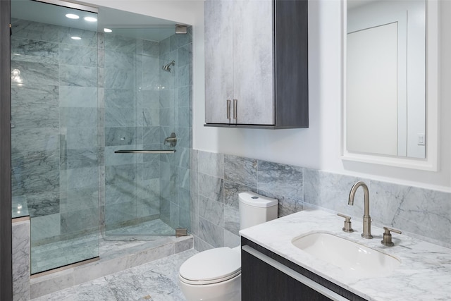 3130 N Harwood St Unit 1804, Dallas, TX 75201 - full bathroom with toilet, a shower stall, tile walls, and vanity
