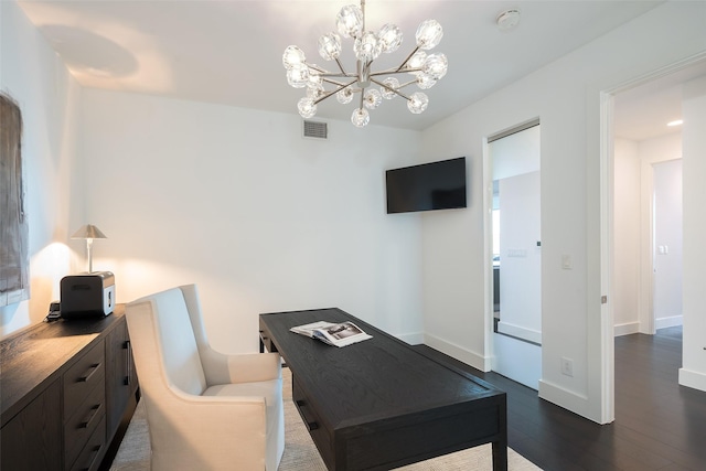 3130 N Harwood St Unit 1804, Dallas, TX 75201 - home office with a chandelier, dark wood-style flooring, and baseboards
