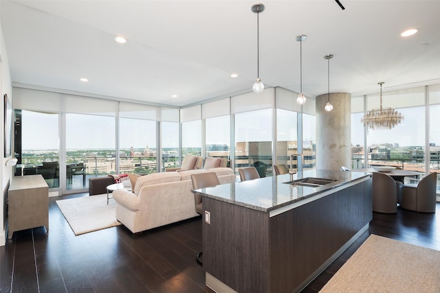 3130 N Harwood St Unit 1804, Dallas, TX 75201 - living room with expansive windows, dark wood-style flooring, recessed lighting, and a city view