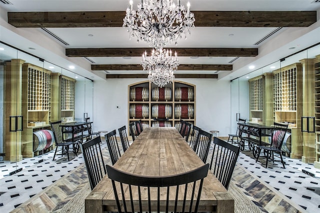 3130 N Harwood St Unit 1804, Dallas, TX 75201 - dining room featuring a chandelier, beam ceiling, and recessed lighting