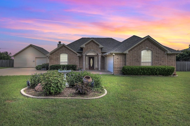 2309 E Emerald Bend Ct, Granbury, TX 76049 - view of front facade with brick siding, concrete driveway, a garage, a chimney, and roof with shingles