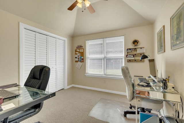 2309 E Emerald Bend Ct, Granbury, TX 76049 - carpeted home office featuring a ceiling fan, lofted ceiling, and baseboards