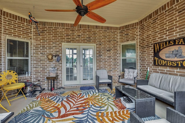 2309 E Emerald Bend Ct, Granbury, TX 76049 - view of patio featuring french doors, an outdoor hangout area, and a ceiling fan