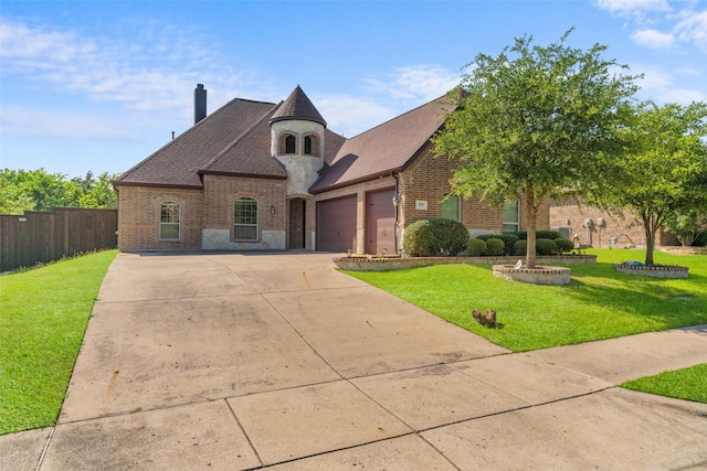 647 Gillon Way, Rockwall, TX 75087 - french provincial home featuring brick siding, an attached garage, driveway, a chimney, and roof with shingles