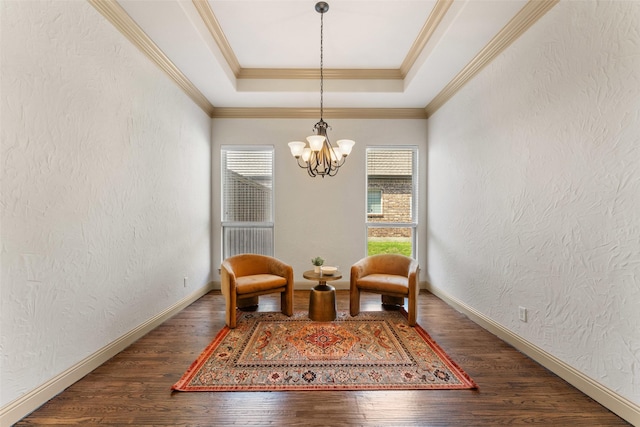 647 Gillon Way, Rockwall, TX 75087 - sitting room with a tray ceiling, a chandelier, wood finished floors, a textured wall, and baseboards
