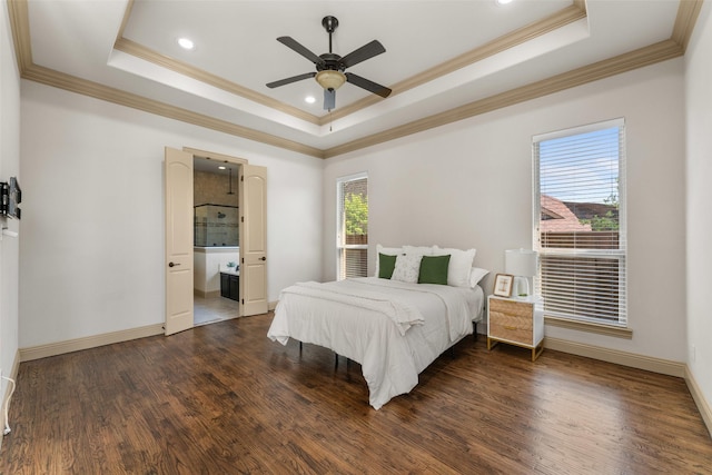 647 Gillon Way, Rockwall, TX 75087 - bedroom featuring a tray ceiling, ornamental molding, dark wood-style flooring, baseboards, and recessed lighting