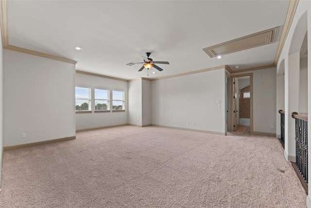 647 Gillon Way, Rockwall, TX 75087 - unfurnished room with attic access, a ceiling fan, carpet flooring, ornamental molding, and baseboards