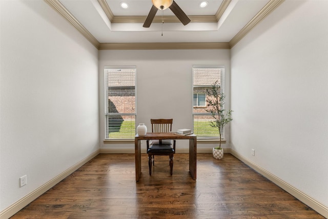 647 Gillon Way, Rockwall, TX 75087 - home office featuring a raised ceiling, ceiling fan, ornamental molding, dark wood-style flooring, and baseboards